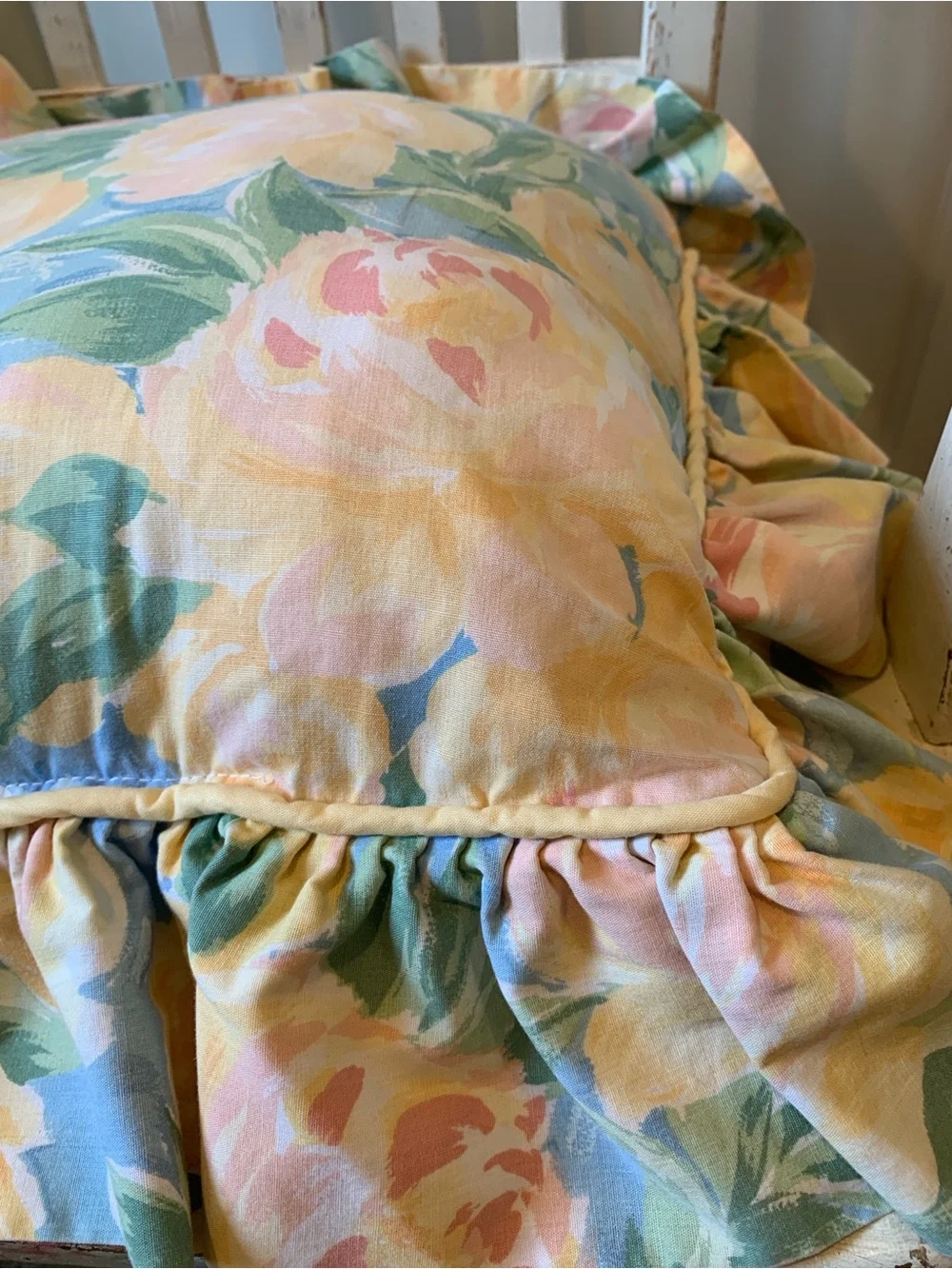 Vintage Croscill Floral Ruffled Throw Pillow in Pastel Yellow, Pink, Blue, Green